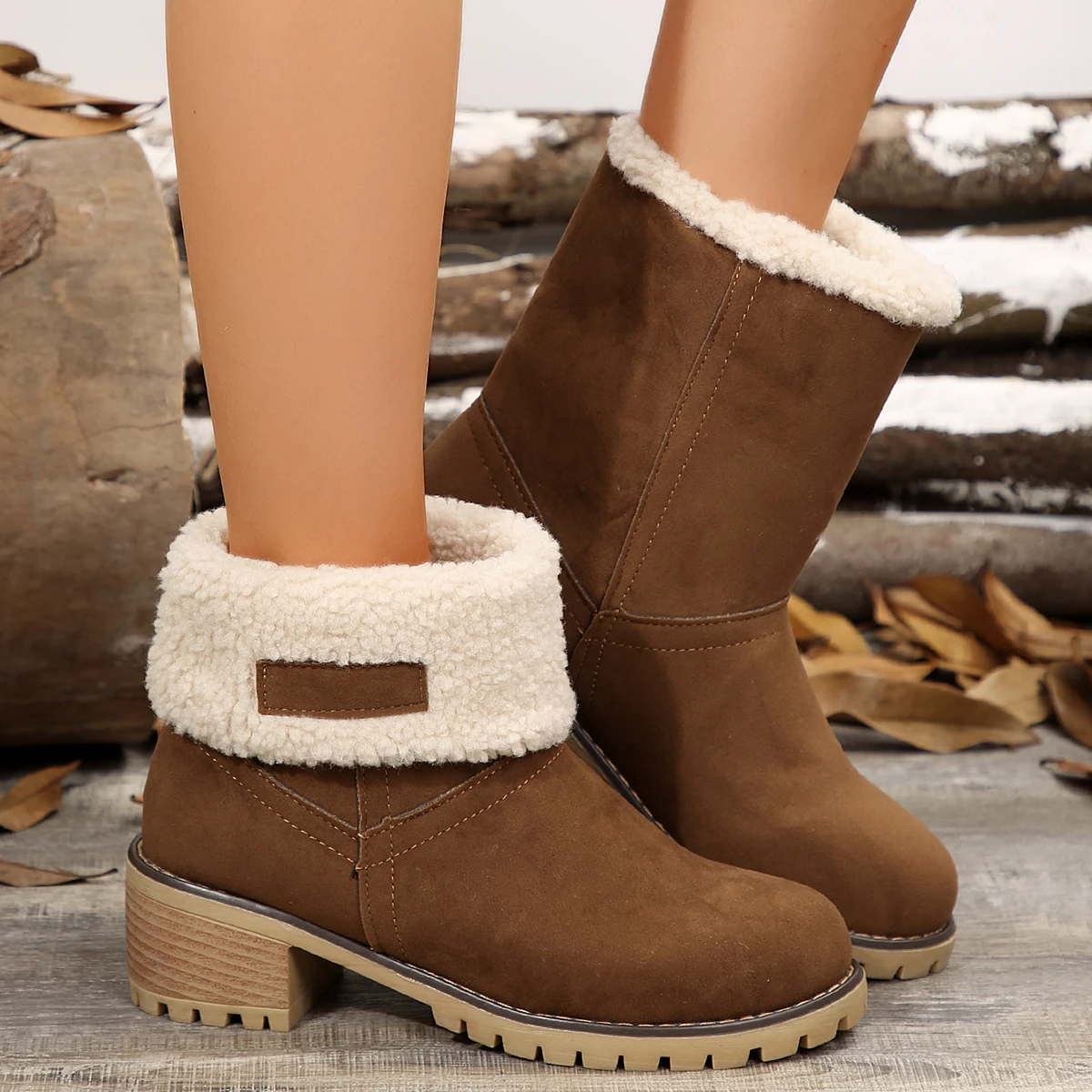 Botas de terciopelo con tacón cuadrado y punta redonda para mujer, zapatos cómodos informales, botines cálidos de Color sólido, moda de invierno, novedad