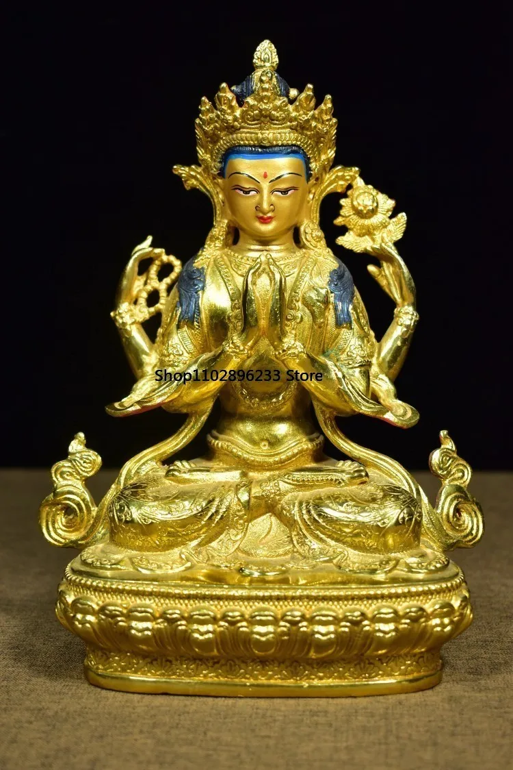 Tibetan Nepalese Brass Gilt Painting Face Painting Four Arms Guanyin Bodhisattva Tara Home Hall Chinese Ornament 21cm