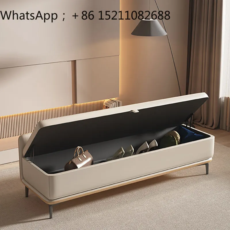 SCY Light Luxury High-End Footbench, Bedroom, Bedside Genuine Leather Long Bench, Solid Wood Bed Storage Sofa Stool