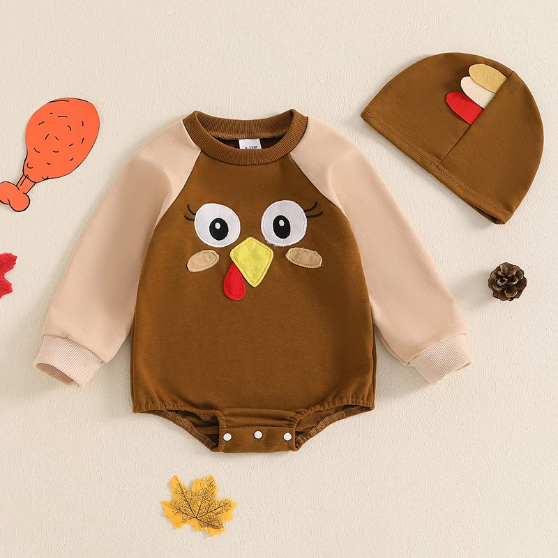 

Baby Boys Thanksgiving Outfits Long Sleeve Crew Neck Turkey Print Contrast Color Romper with Hat Autumn Clothes Sets