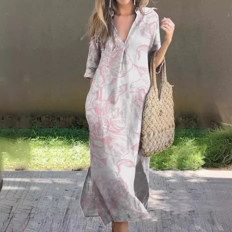 Casual Summer Loose Dress SlitVCollar Printed Dress