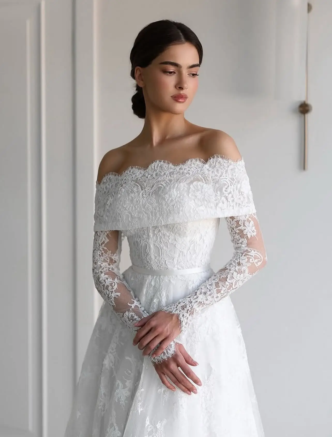 

Customized Elegant Formal Simple Charming Wedding Dresses Long SleevesOff the Shoulder Bridal Party Crystal Simple Lace Up Back