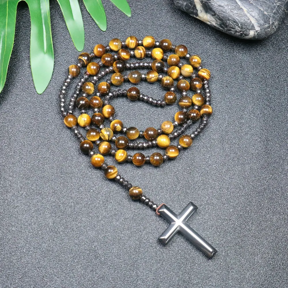 1PC Tiger Eye Stone Natural Stone Cross Beads Necklace Iron Gallstone Beads Handmade Beads 8mm Men\'s Ethnic Style Necklace