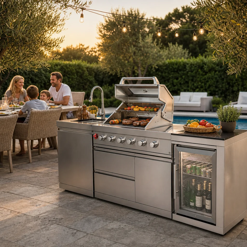 Outdoor Barbecue Grill, Courtyard, All-304 Stainless Steel Custom Storage Cabinet Handwashing Basin, Outdoor Rock Slab.