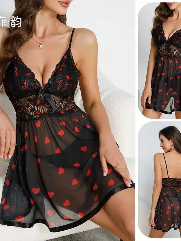Black Sheer Lace Dress With Heart Print Deep V Mesh Transparent Backless Suspenders Sleeveless Dress Pure Desire Charming 61KU