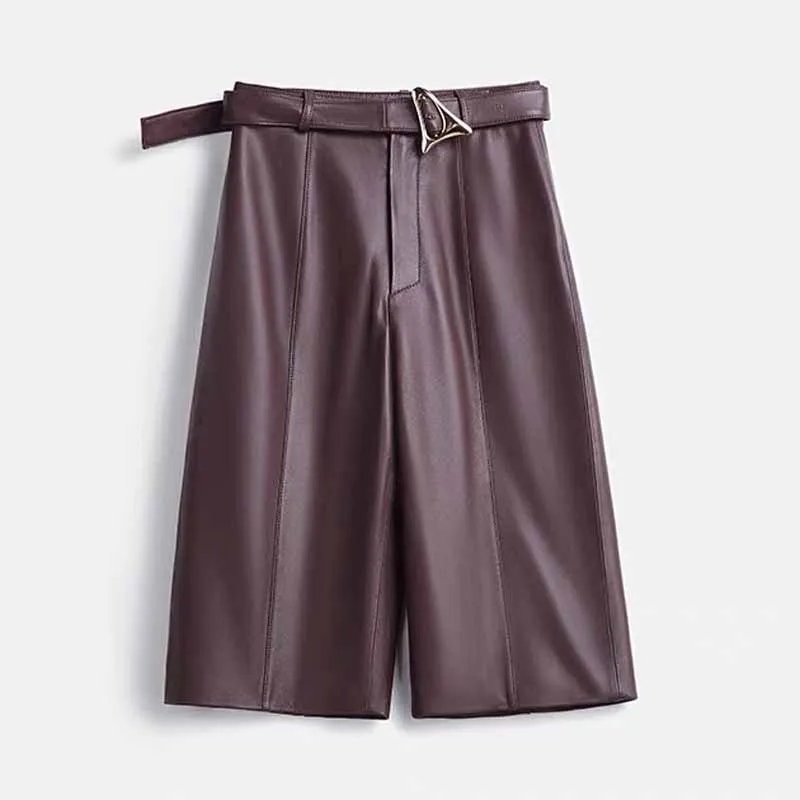Spring Women's Genuine Leather Shorts Female Handsome Straight High Waist Suit Shorts Casual Wide 65cm Knee Lenth Trousers Women