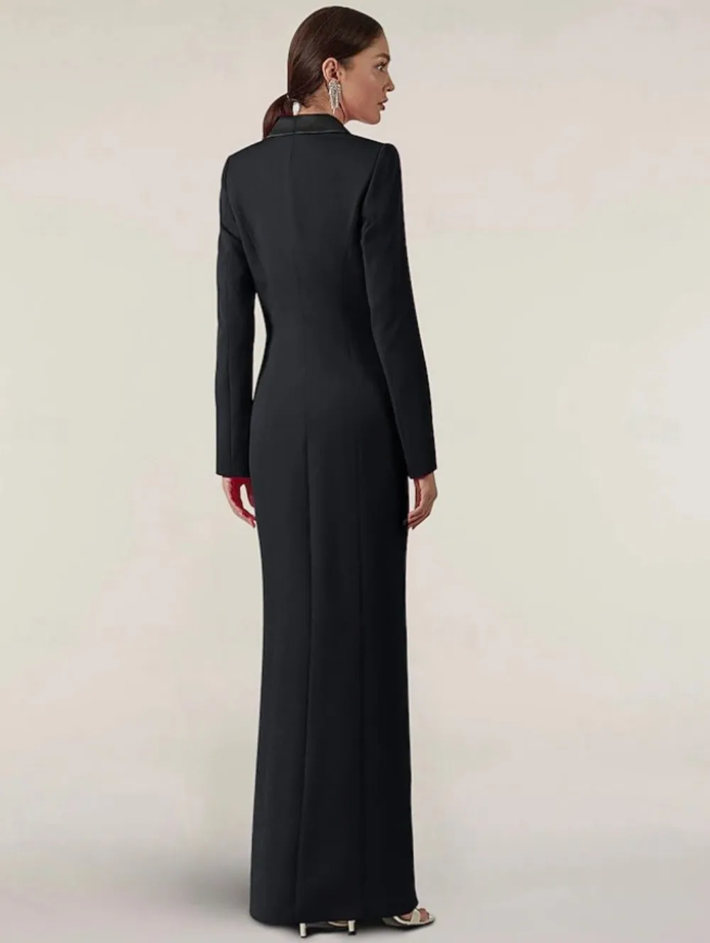 Robe de style blazer à col en V profond Forvety |   Robe de soirée formelle à manches longues avec fente, robe de banquet et de fête à la mode avec poches