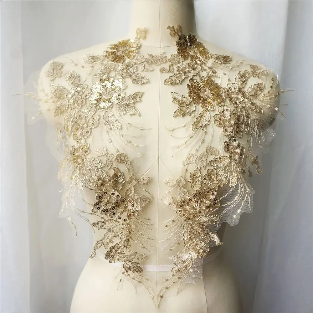 2 pezzi oro paillettes fiore nappa abito da sposa Appliques tessuto di pizzo ricamato trim collare maglia cucire Patch per abito decorazione fai da