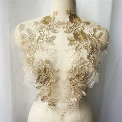 2 pezzi oro paillettes fiore nappa abito da sposa Appliques tessuto di pizzo ricamato trim collare maglia cucire Patch per abito decorazione fai da te