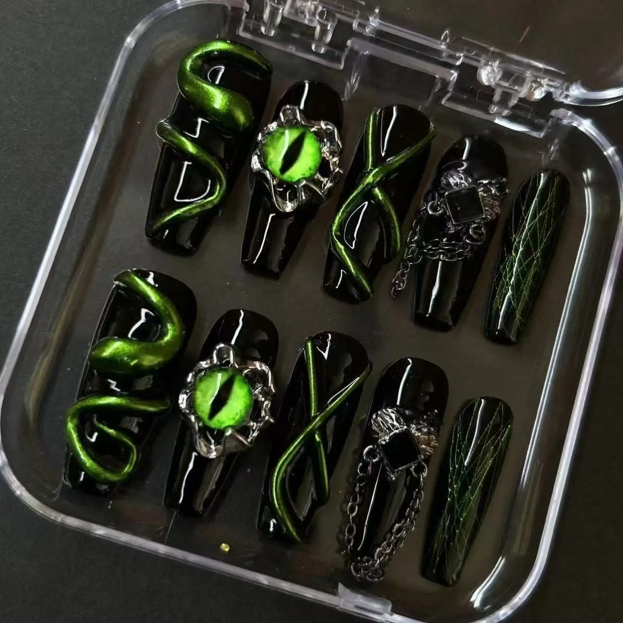 

French handmade wearable nails, jungle snake, devil's eye, long ladder nail art, detachable wearable nails, reusable nails
