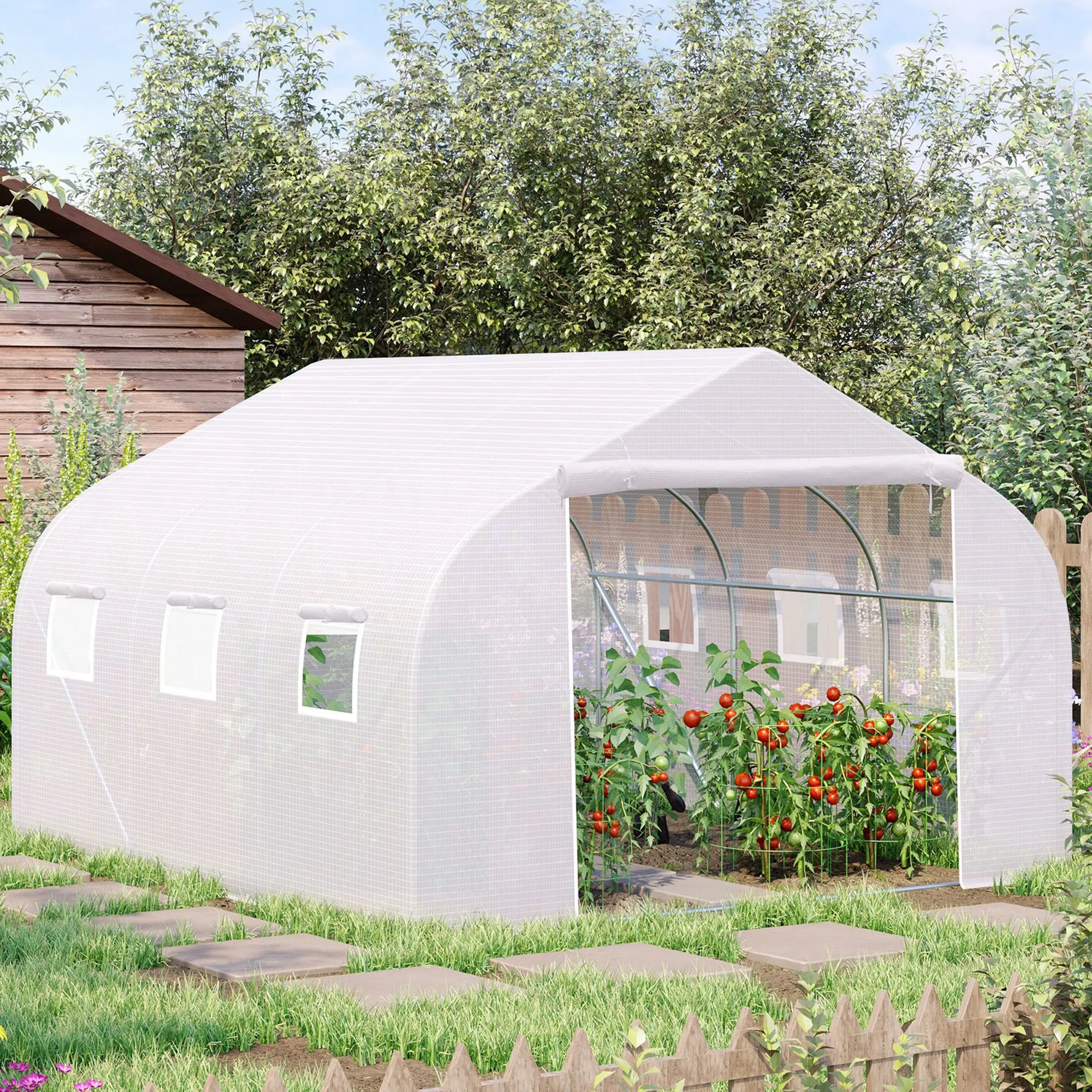 11.5x10x6.5ft Outdoor Walk-in Greenhouse, Tunnel with Roll-up Windows, Zippered Door, PE Cover & Heavy Duty Frame, White