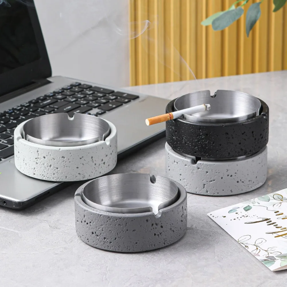 Rough Volcanic Rock Texture Cement Ashtray with Removable Stainless Steel Liner Round Cigarette Ash Tray Home Smoking Decor