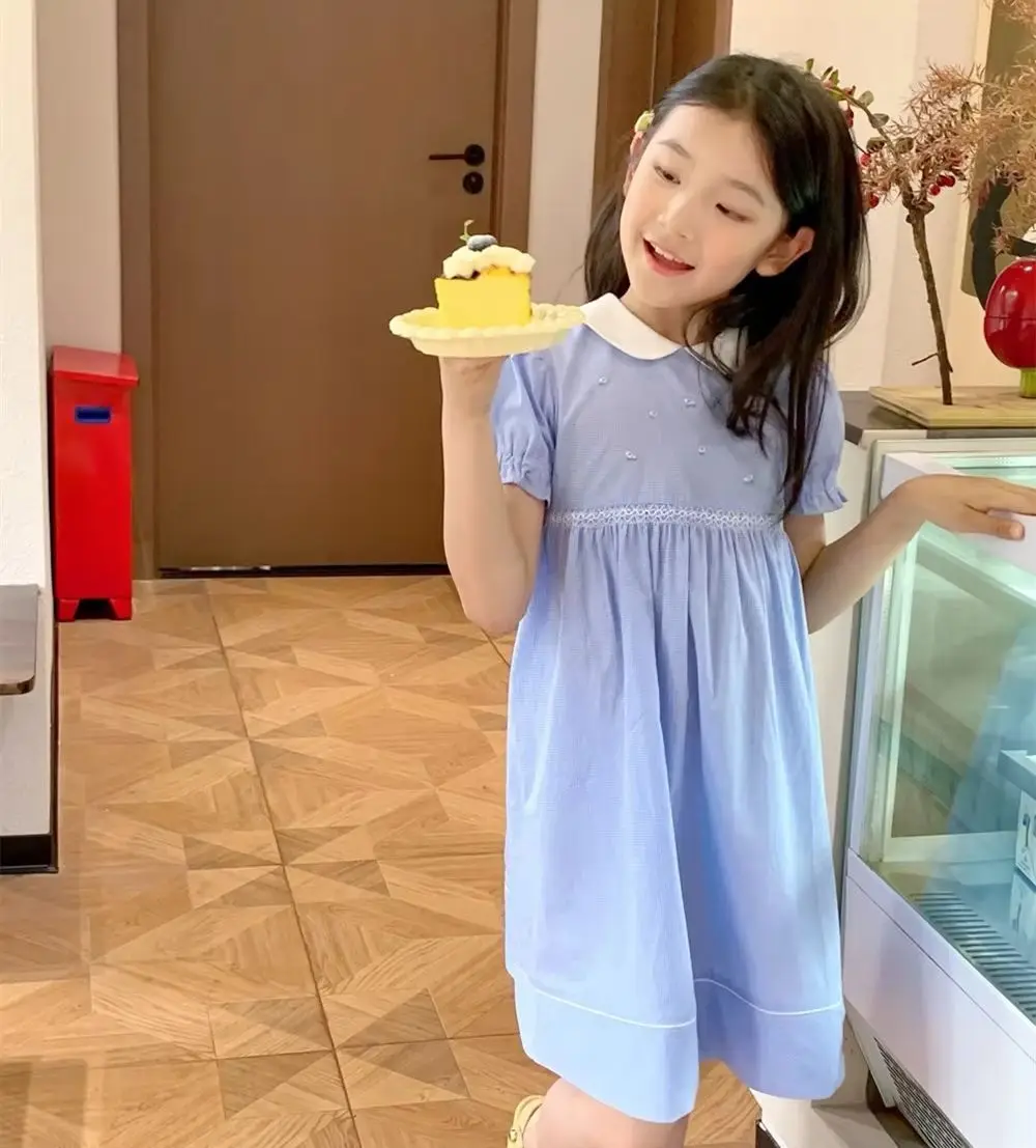 

spring baby girls clothes kids dresses student style Sweet doll neck girls' dress Summer Blue Dress