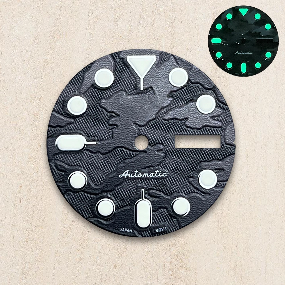 28.5mm  S Logo   Camouflage dual-calendar dial For Nh36 Japanese Automatic Movement Green Luminous Watch