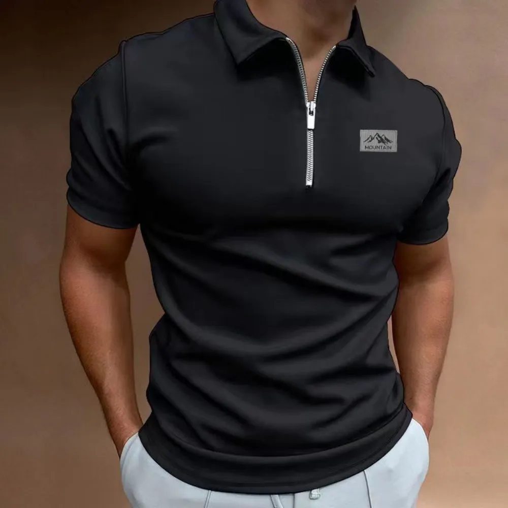 Herren Neues Sommer-Poloshirt mit Umlegekragen und Reißverschluss, einfarbiges Casual-Style Kurzarm-T-Shirt