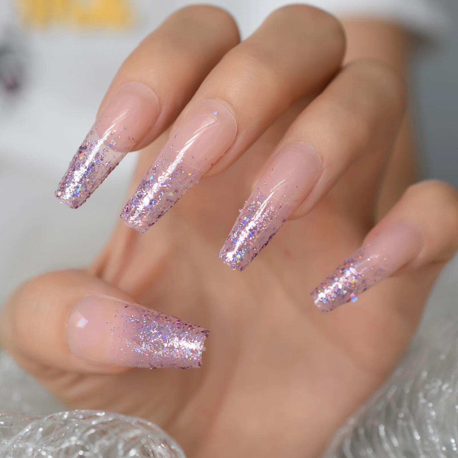 Extra Long Coffin Nail Tips Press On Acrylic Glitter Top Nail Pink Glitter Shiny Cool Luxury Manicure At Home Daily Wear