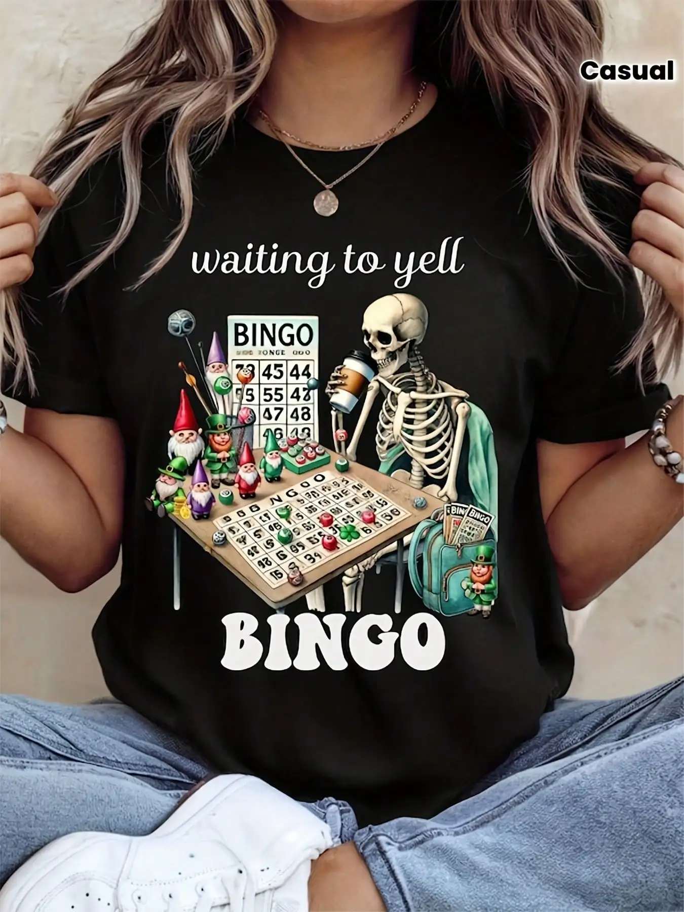 Casual Crew Neck Short Sleeve T-Shirt Featuring A Fun Bingo Game Design With Bingo Balls And The Number 75, Perfect For Adult Bingo Night Parties, Birthday Celebrations, And As A Gift For Both Men And