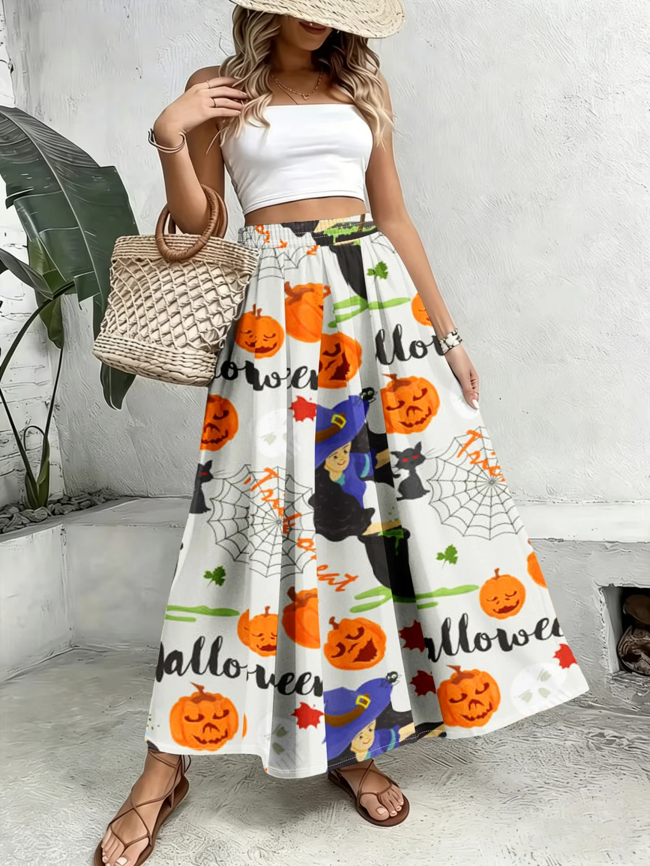 Women's Plus Size Digital Print Maxi Dress with Halloween Themed Witch and Pumpkin Cauldron Pattern