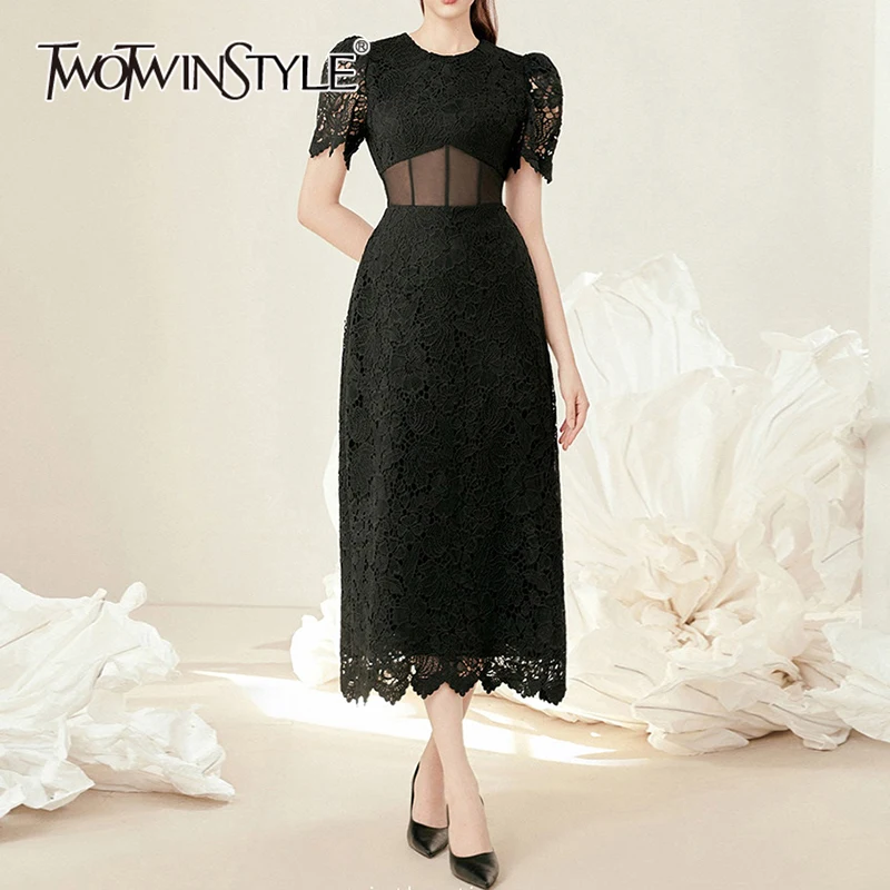 

TWOTWINSTYLE Elegant Spliced Lace Dress For Women O Neck Short Sleeve High Waist Patchwork Mesh Chic Dresses Female KDR505312