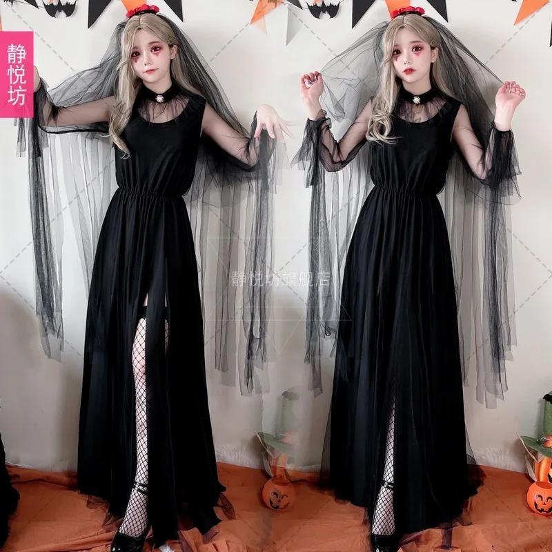 

2023 New Black and White Vampire Demon Angel Witch Queen Halloween Costume Adult Female Zombie Ghost Bride Long Dress