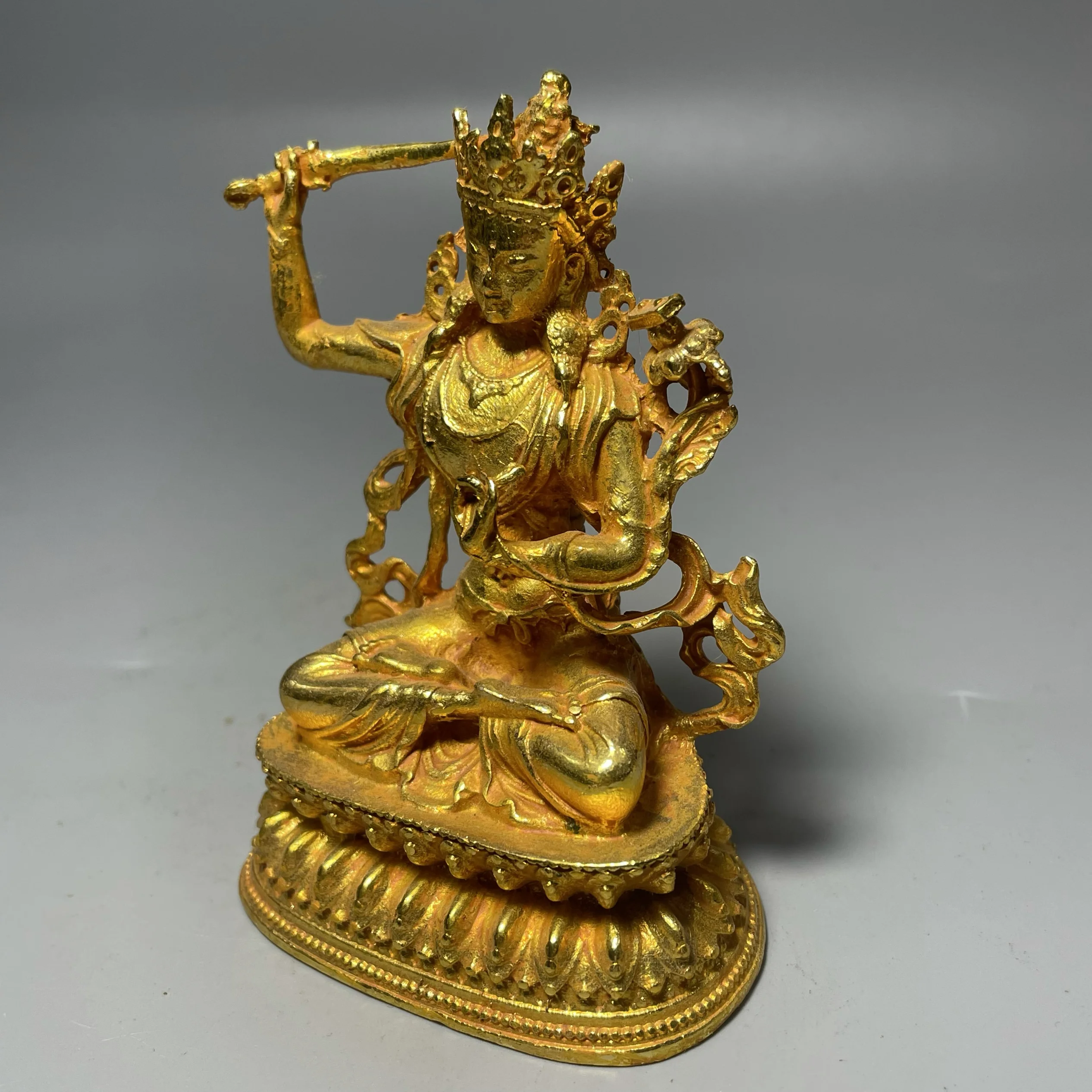 Antique gilt sword holding Manjushri Bodhisattva religious worship statue handmade gilt Bodhisattva Buddha statue household wors