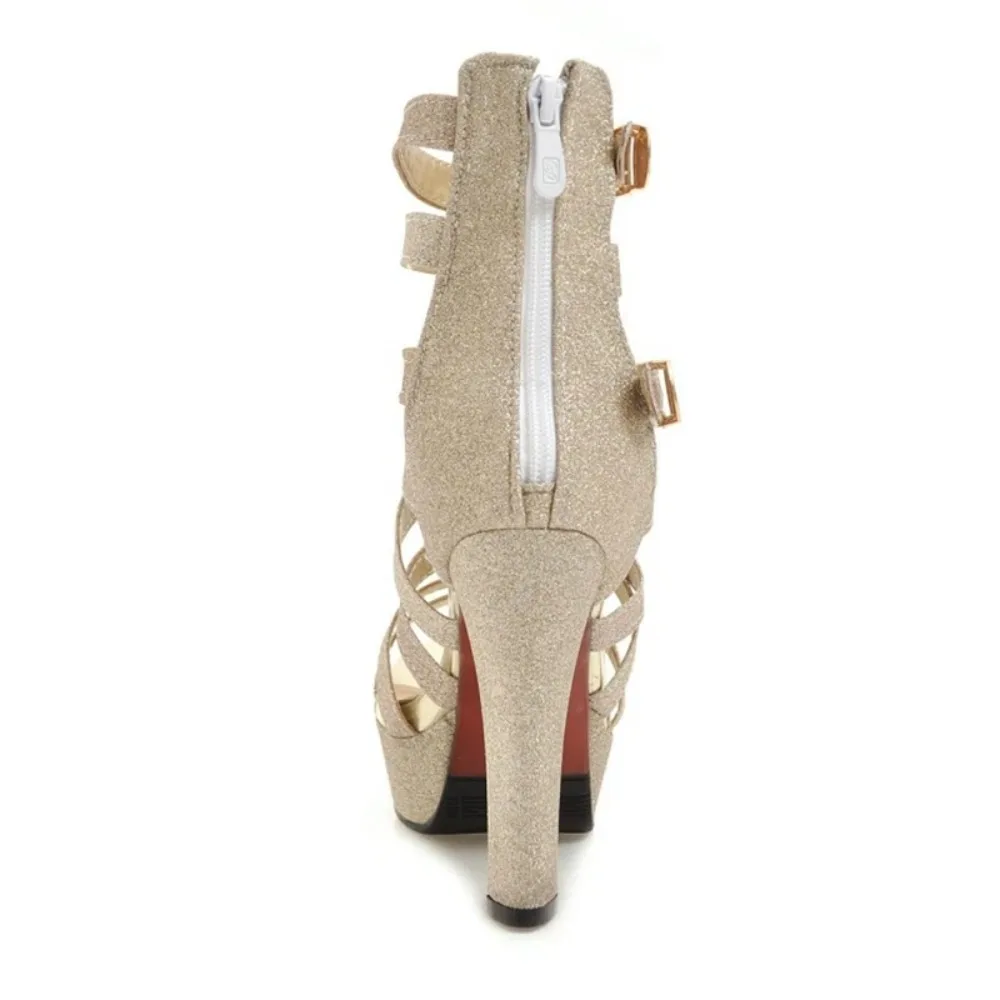 Plus Size 48 Women Sandals Pumps Fashion Peep Toe 12cm High Heels Sexy Back Zip Club Party Wedding Female Platform Sandals C-5