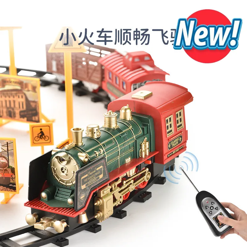 Toy Train Set Electric Retro Train Toy Remote Control Rail Car Classical Simulation With LED Light,With Smoke