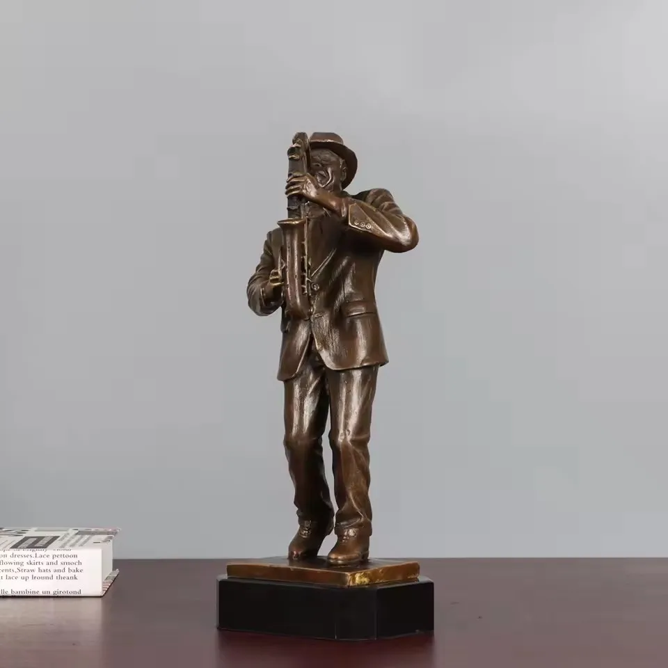 Bronze Man Playing Saxophone Statue Figurine Music Sculpture Handicrafts for Home Decoration 29.5cm