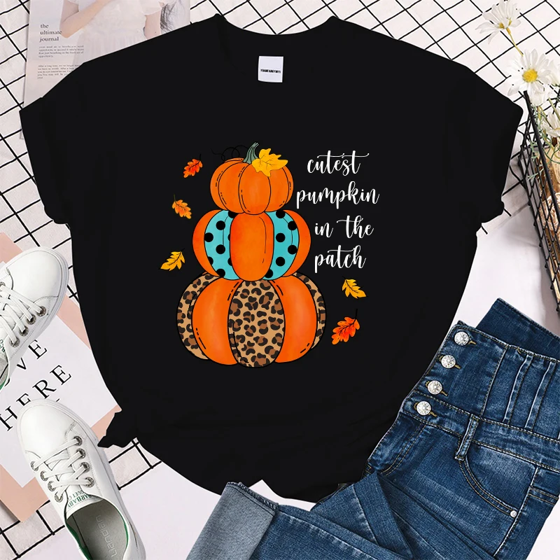 (Premium T-shirt)Fall Cutest Pumpkin In The Patch Print Summer Casual T-Shirts For Women Creative O Neck Short-Sleeved T-Shirts