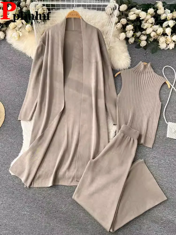 

Khaki Knit Sweater 3 Piece Sets Long Cardigan Suits Korean Slim Short Malhas Tank Conjunto High Waist Wide Leg Pants Ensemble