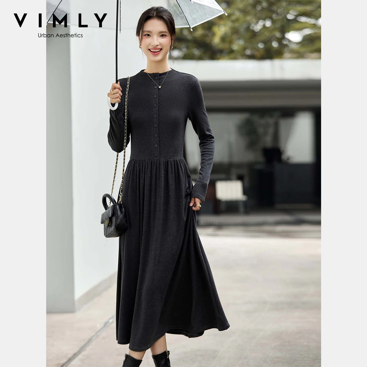 

VIMLY Women's Dresses Holiday Outfits Autumn 2025 Casual Gray Knit Round Neck Dress Slim Straight Strecth Female Dresses A2986