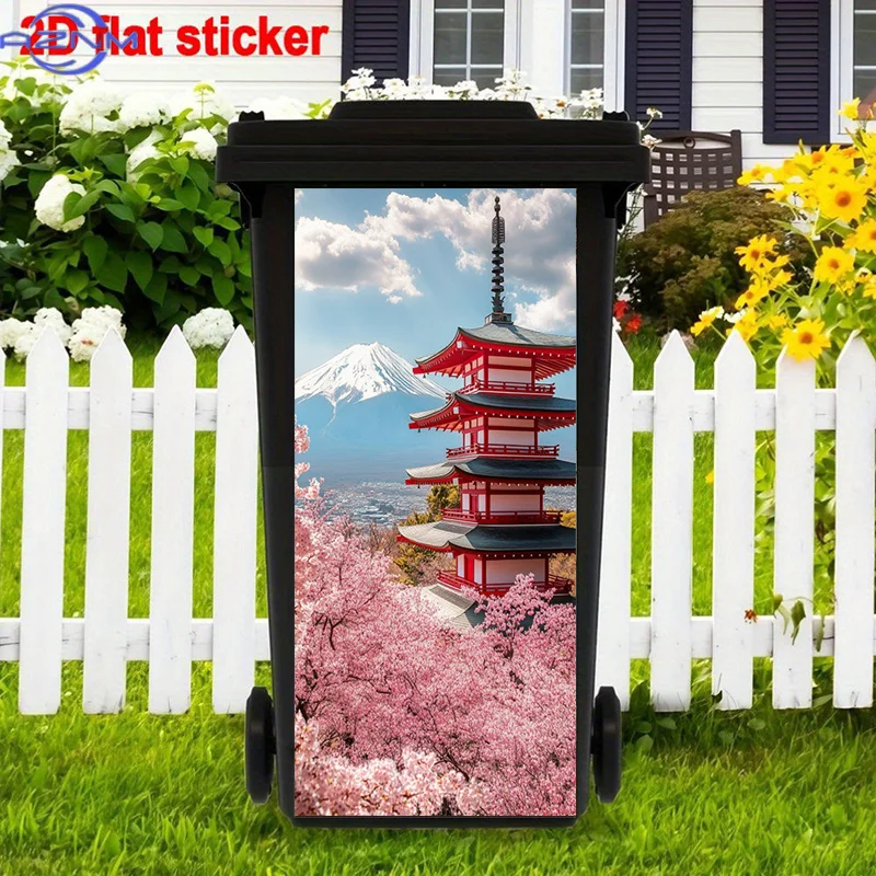 Pagoda Structure Trash Can Sticker | Fuji Mount View Self-Adhesive Art Stickers, Cherry Blossom Landscape, Japan Scenery Artis