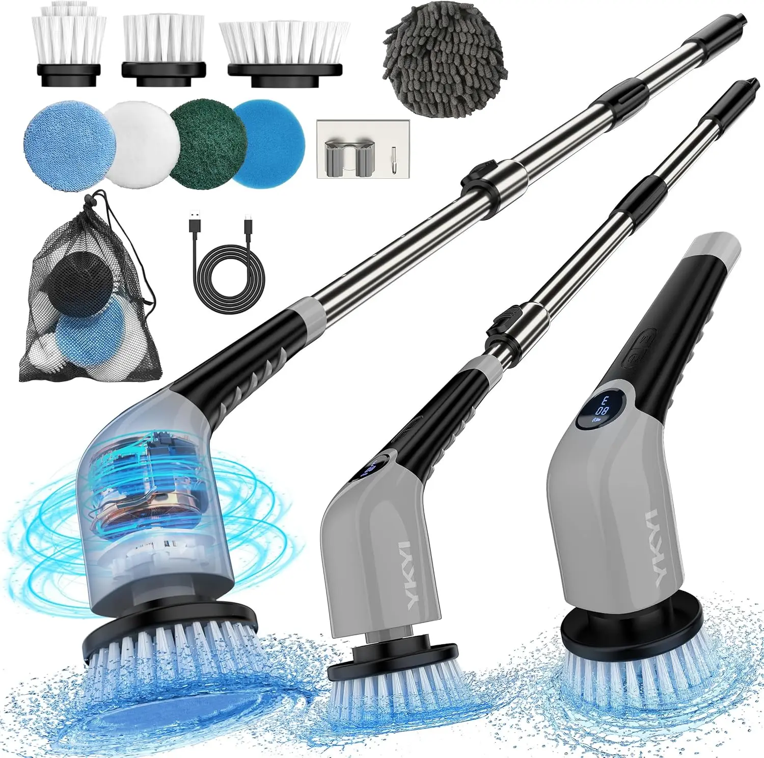

Cordless Electric Spin Scrubber with 8 Brush Heads, 3 Speeds, Voice Broadcast, Long Handle for Bathtub Tile Floor