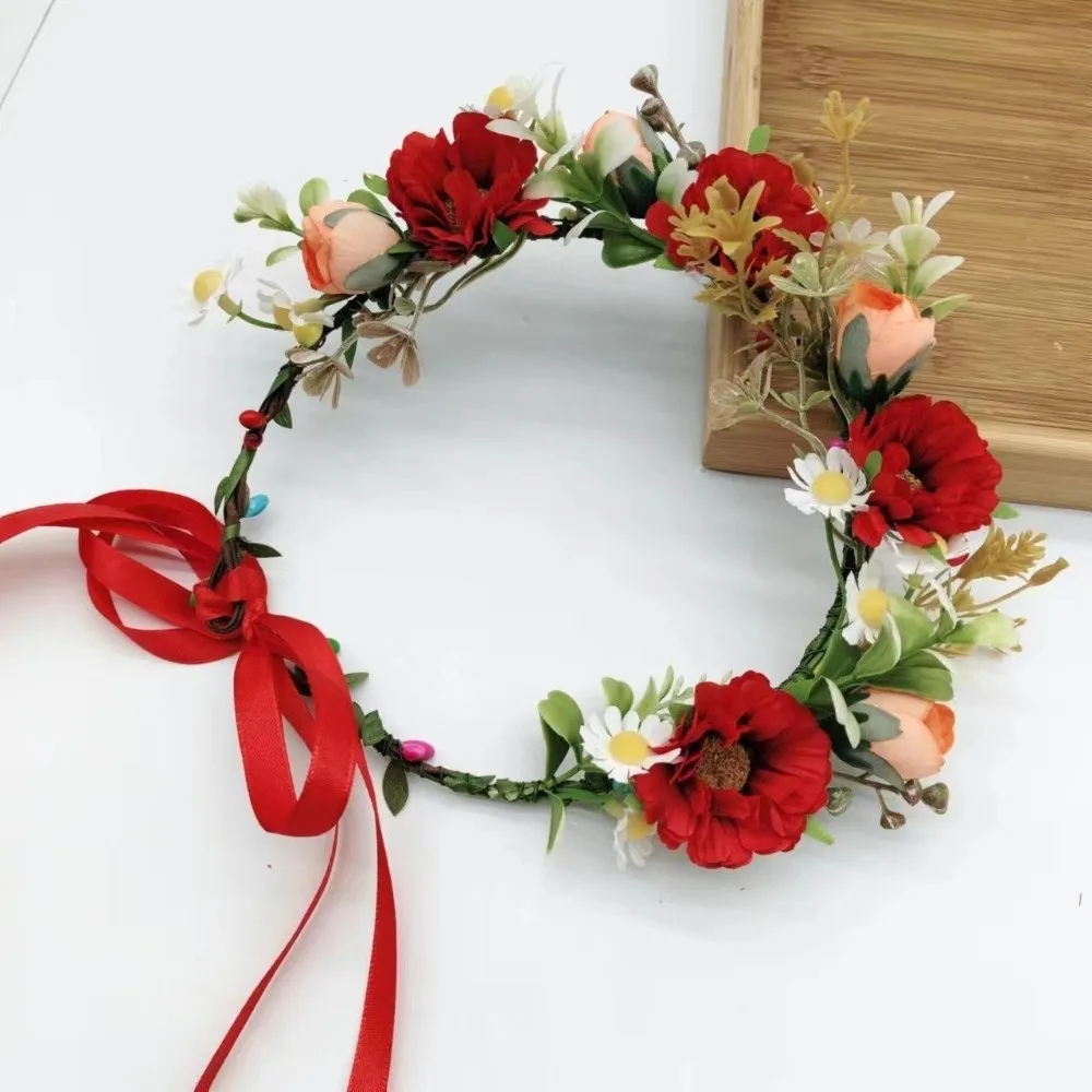 Vintage Forest Flower Wreath Flower Adjustable Ribbon Floral Headband Plastic Hair Accessories Wedding