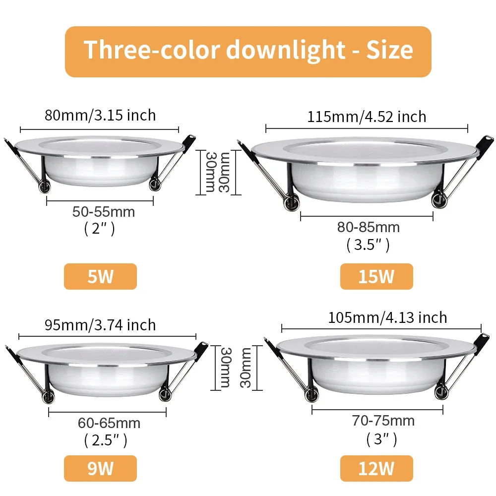 Imagem -04 - Downlight Led Regulável com Três Cores Lâmpada do Teto Holofote para Sala de Estar Banheiro 5w 9w 12w 15w Pcs 12 Pcs