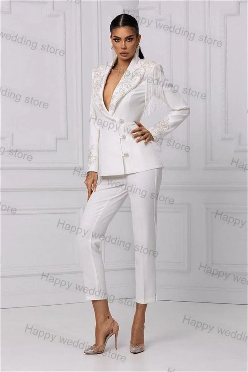 

White Formal Women Suit Set 2 Piece Blazer+Trousers Pearls Crystals Tassel Office Lady Prom Dress Jacket Tailored Size