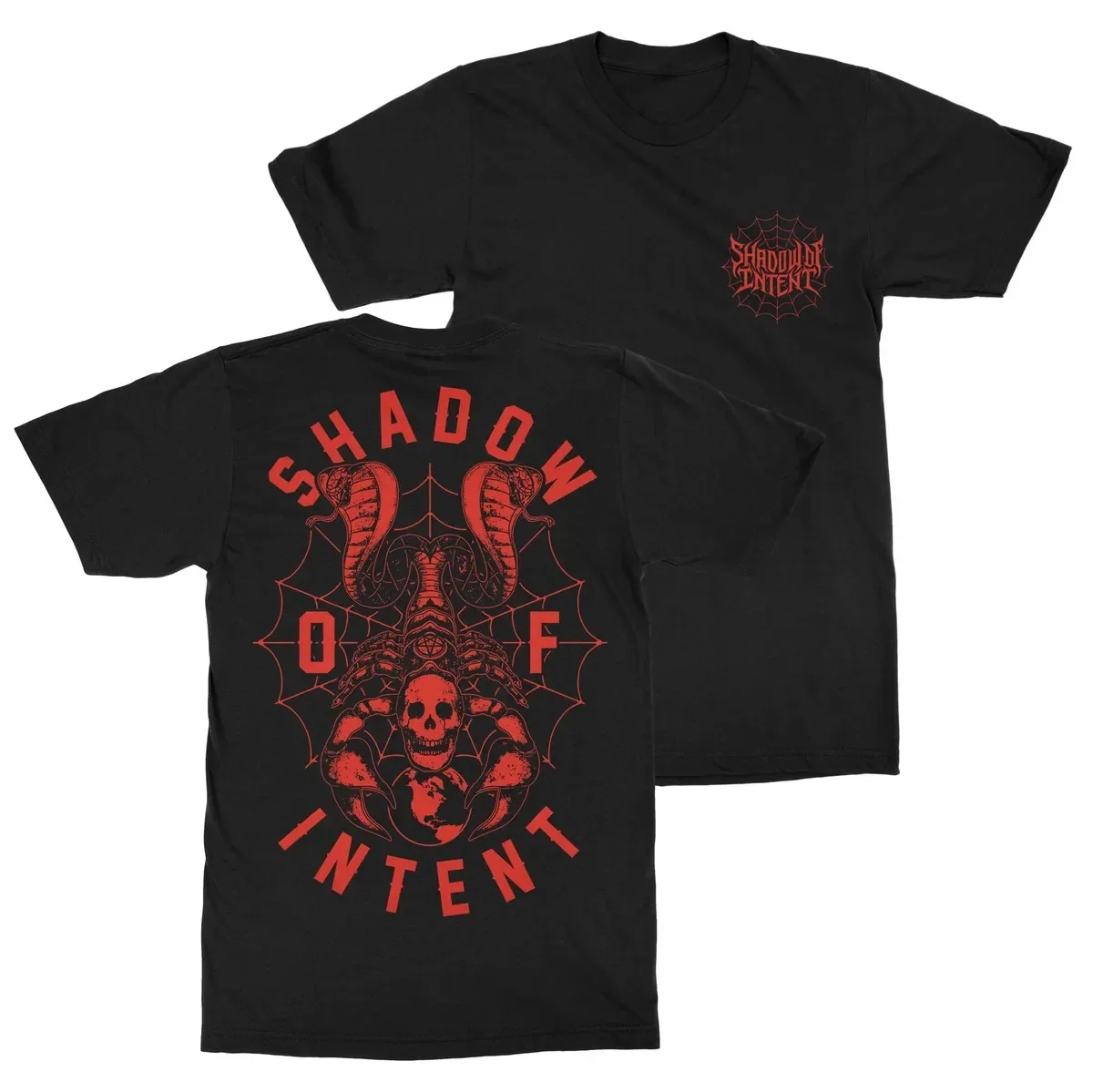 Shadow of Intent Dual Cobra Scorpion Skull Back Artwork Print T‑Shirt, Adopts Striking Vintage Red‑ink Printing Effect