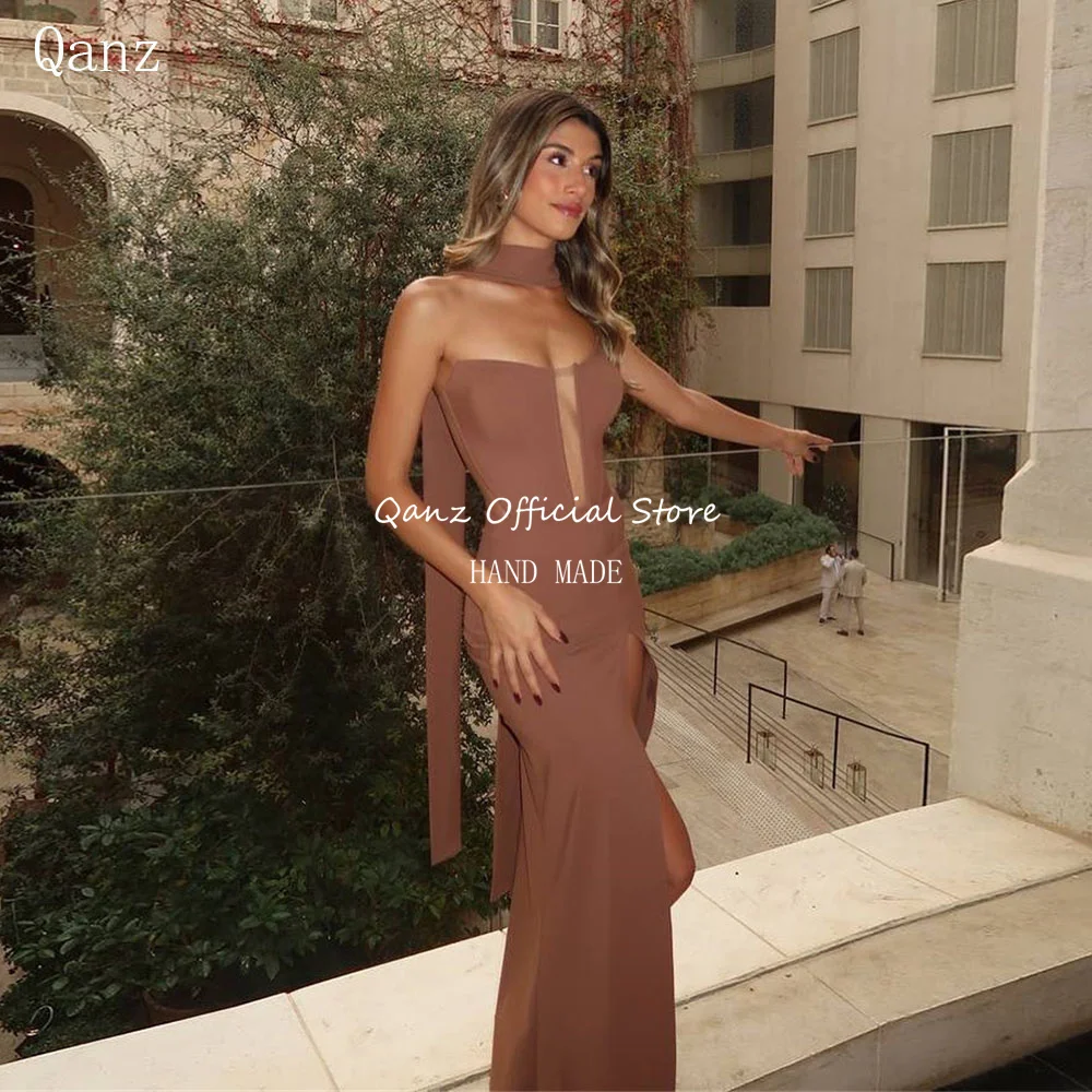 Qanz brązowe suknie wieczorowe seksowna syrenka z szalikiem wysokie rozcięcie sukienka na imprezę gorset Vestidos De Fiestas eleganckie Mujer dostosowane