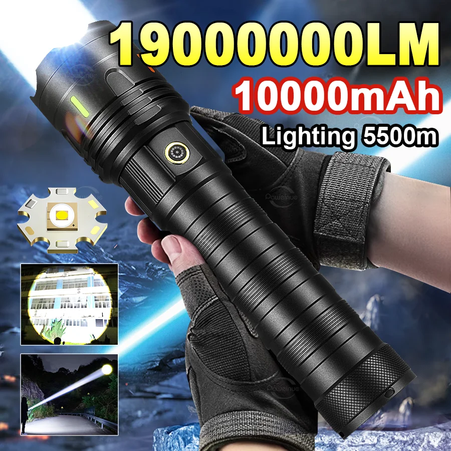 

NEWEST Ultra Powerful LED Flashlight 1900000LM High Power Torch Rechargeable Lamp Lighting 5500m Flashlights for Camping Hunting
