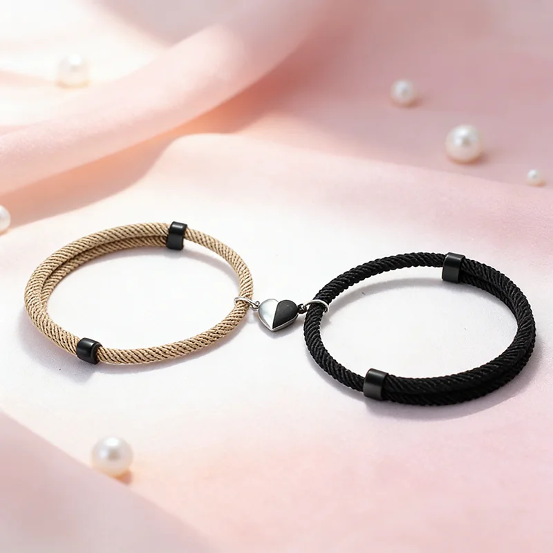 Romantic 2Pcs/Set Couple Bracelet Apparel Accessories Heart Magnetic Clasp Sliding Adjustable Braslet Valentine Day Gift Jewelry