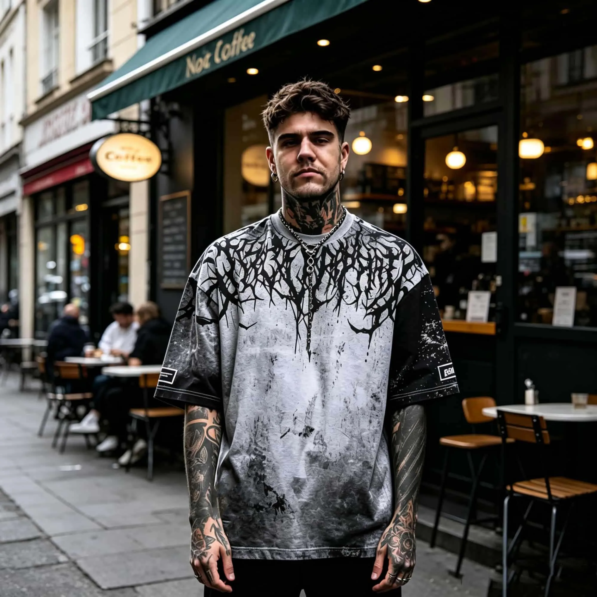 Dunkles Grunge Gothic Ästhetik Herren Oversized T-Shirt mit Dornen- und Ast-Print, Distressed Grau-Schwarz Farbverlauf, Rundhals-Streetwear-Oberteil – Detail 2