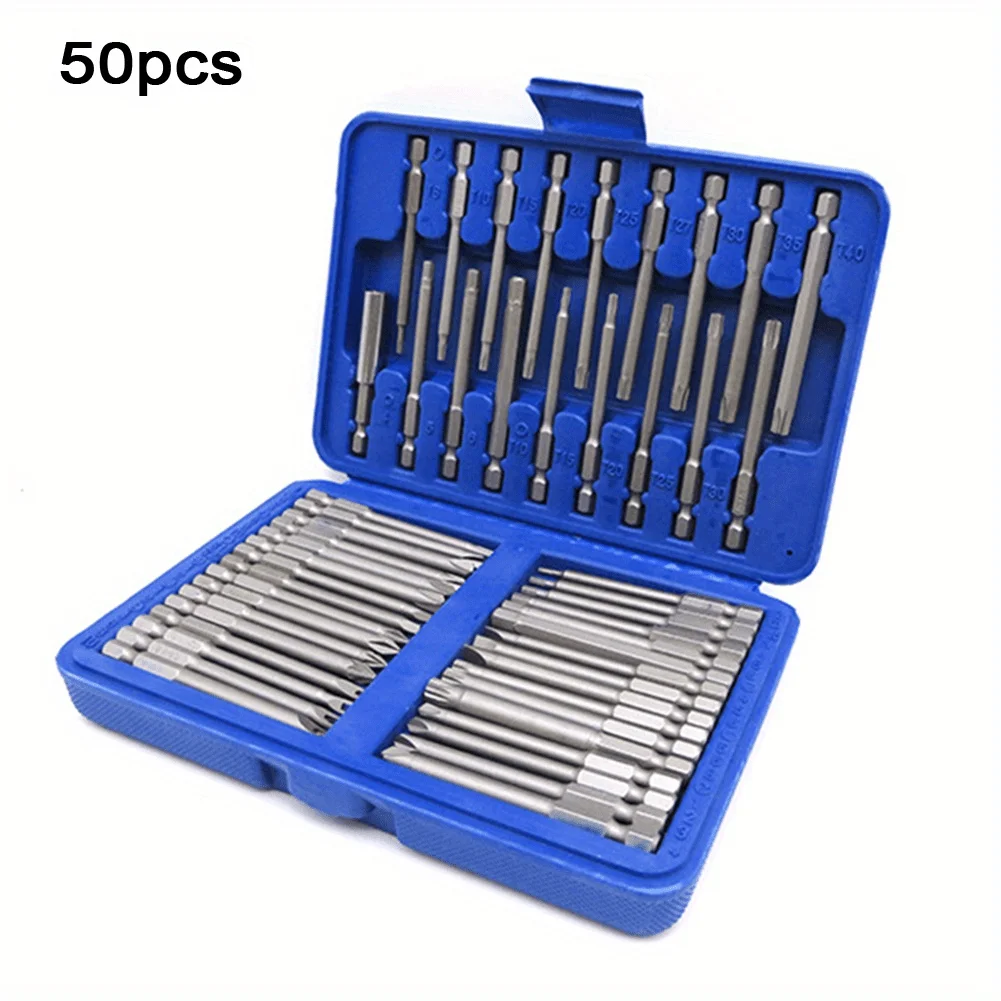50pcs Extra Long Screwdriver Bit Set with Handle 75mm Torx Star Hex Spline Bit Set Screw Driver Bit Screwdriver Kit Tools
