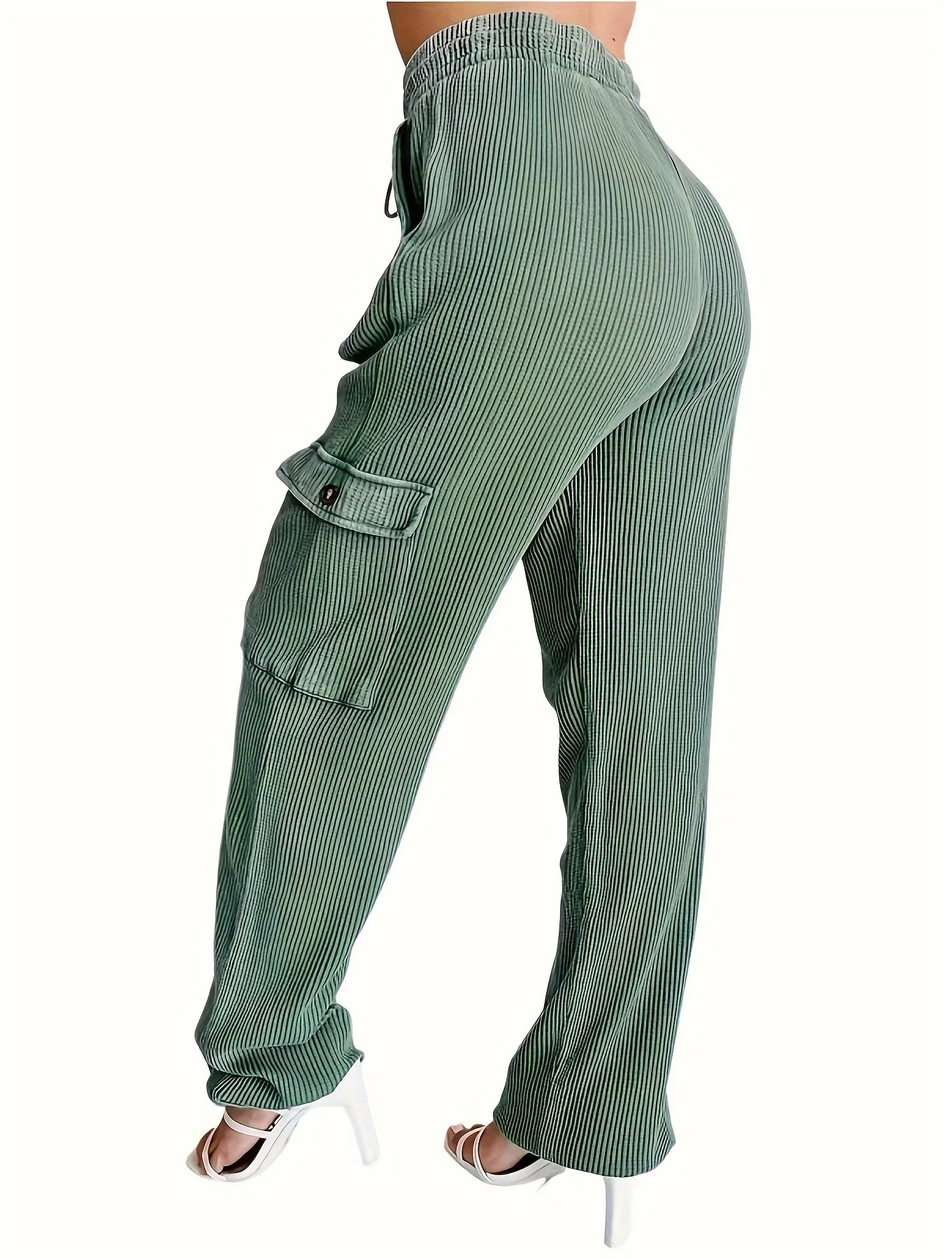 Effen Kleur Flap Zakken Harembroek Vakantie Trekkoord Hoge Taille Broek Voor Lente En Herfst Dameskleding