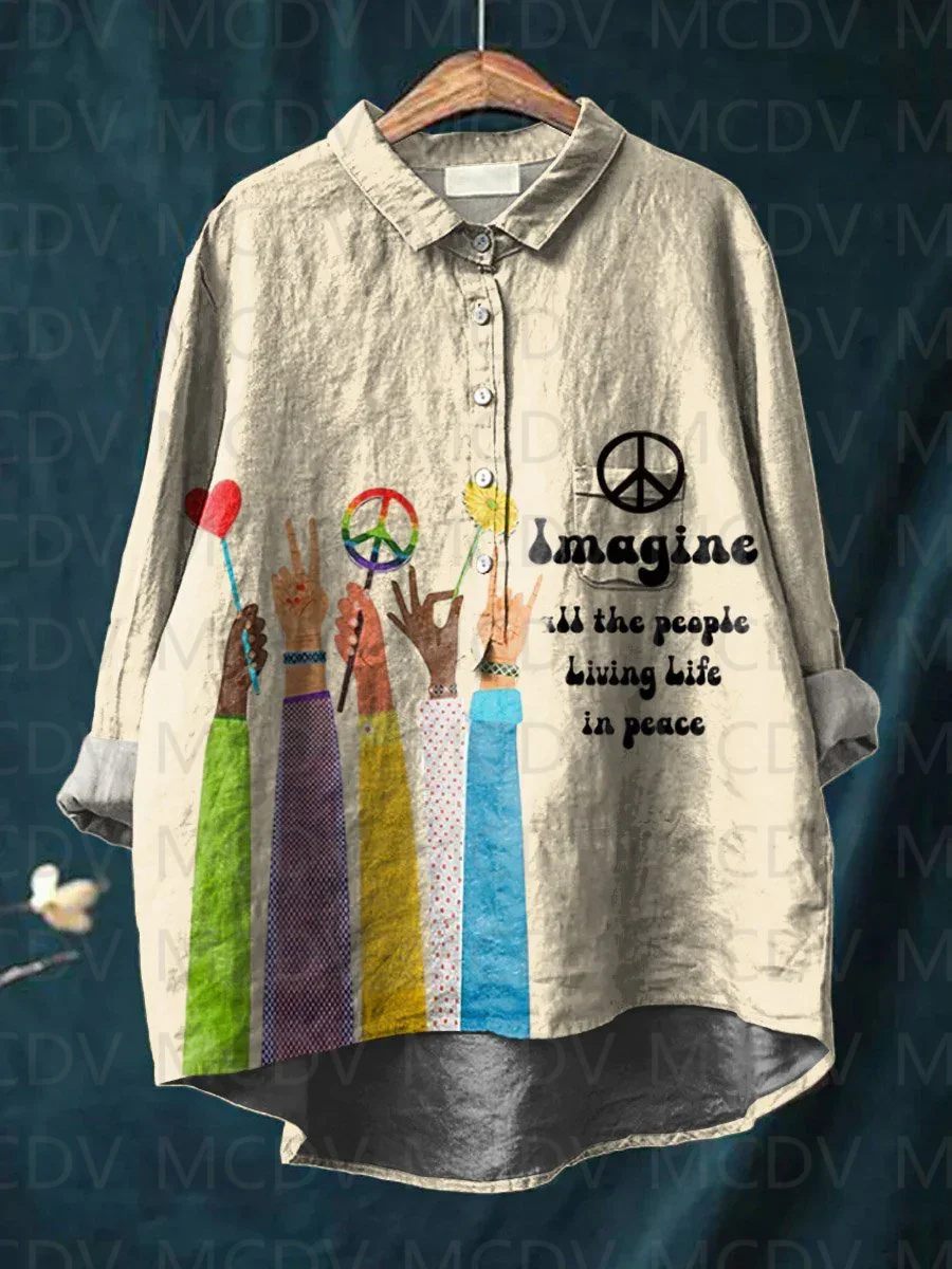 

Imagine All The People Living Life In Peace Art Print Casual And Linen Shirt Women's Tops