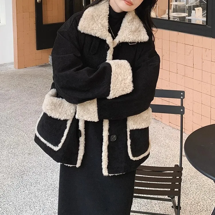 2024 Winter Black Shearling Coat for Women, Loose Fit Cotton Jacket