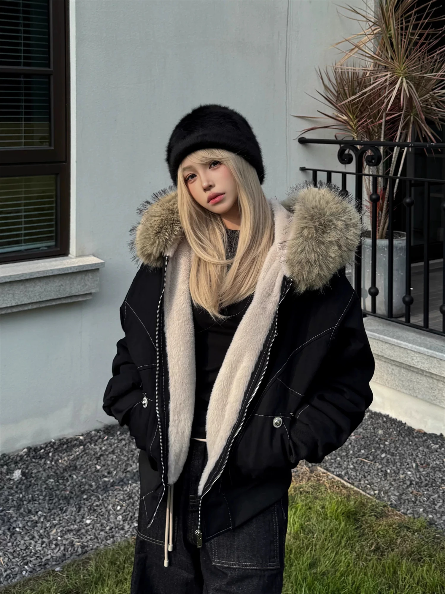 Y2K Grunge Thick Faux Fur Lined Hooded Bomber Jacket Women Long Sleeve Contrast Stitch Oversized Fall Winter Outerwear