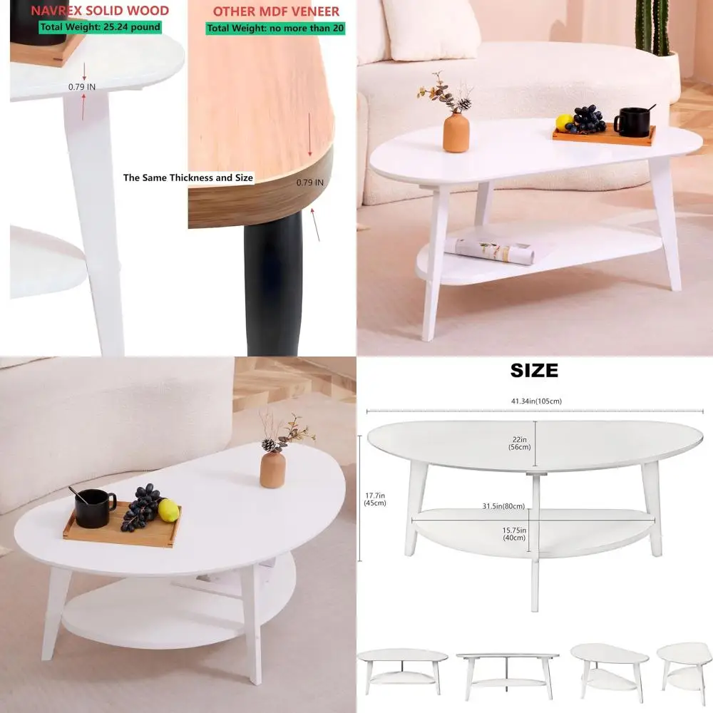 

Elegant Oval Solid Wood Coffee Table, 2-Tier Design for Living Room, 40.2 x 22, Easy Assembly, White