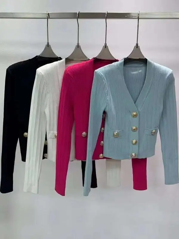 

Faionable Ice Silk Elastic ort Knitted Open Cardigan Women's Slim Fit Metal Bule Early Autumn New Arrival Commute Sle