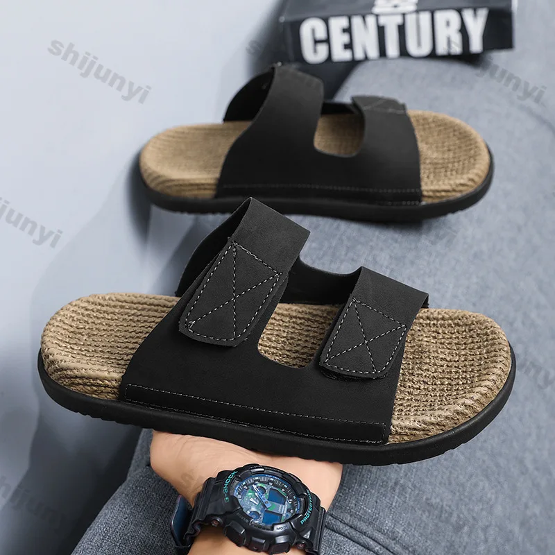 Men's One Word Slippers 2025 Non Slip Summer Vintage Fashion Sewing Sandals Comfortable Slip on Outdoor Breathable Casual Flats
