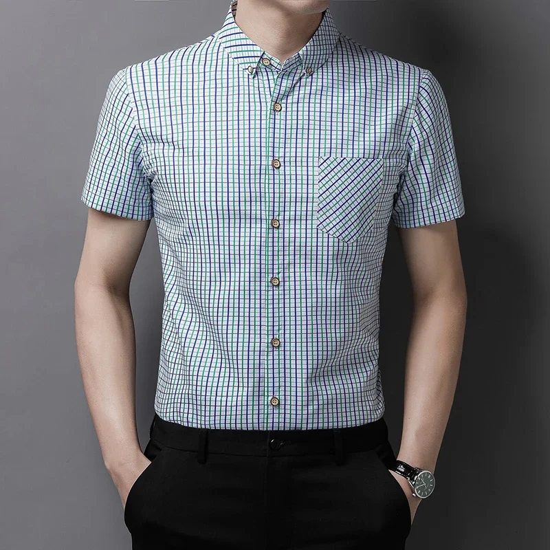 New Men\'s Casual Striped Short Sleeved Lapel Shirt for Summer Fashion Comfort No Ironing Wrinkle Resistant Top